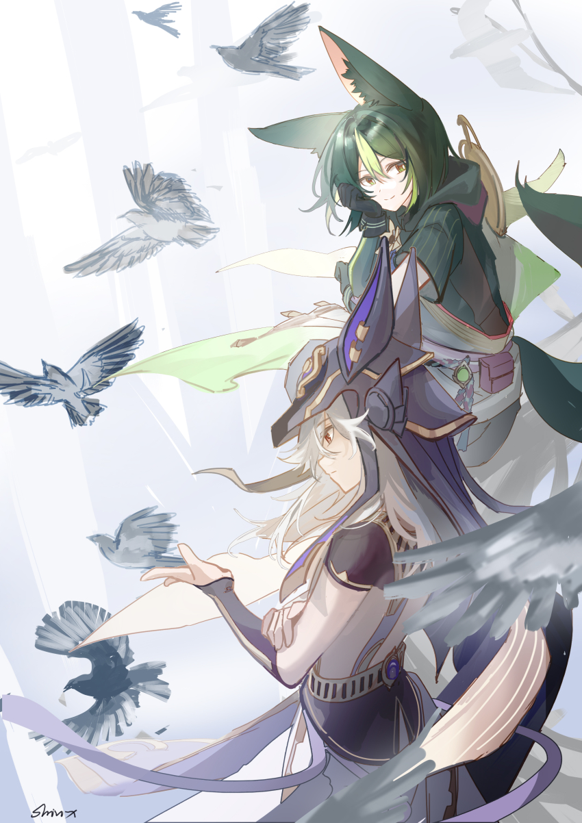 2boys absurdres ancient_egyptian_clothes animal_ear_fluff animal_ears animal_hat artist_name bird black_bird black_gloves closed_mouth commentary cyno_(genshin_impact) fox_boy fox_ears fox_tail genshin_impact gloves green_eyes green_hair hair_between_eyes hand_on_own_cheek hand_on_own_face hand_up hat highres hood hood_down long_hair looking_at_animal looking_at_another male_focus multiple_boys red_eyes shirix short_hair sitting smile standing symbol-only_commentary tail tighnari_(genshin_impact) vision_(genshin_impact) white_hair