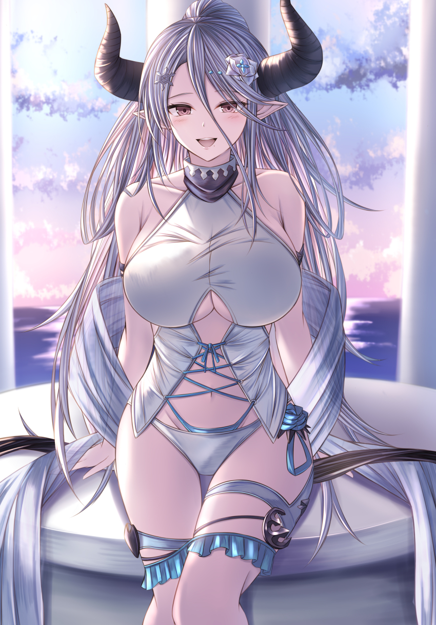 1girl absurdres blue_hair blue_shawl breasts brown_eyes draph flower granblue_fantasy hair_flower hair_ornament highres izmir izmir_(summer)_(granblue_fantasy) kanpyou_(hghgkenfany) large_breasts long_hair mole mole_under_mouth navel pointy_ears shawl sunrise swimsuit
