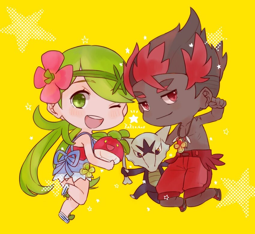 1boy 1girl alolan_form alolan_marowak black_hair bone bounsweet chibi chibi_only dark-skinned_male dark_skin game_freak gen_7_pokemon green_eyes green_hair kiawe_(pokemon) looking_at_viewer mallow_(pokemon) multicolored_hair nintendo one_eye_closed pokemon pokemon_sm red_eyes red_hair star_(symbol) two-tone_hair wowoju_(wowowokara) yellow_background