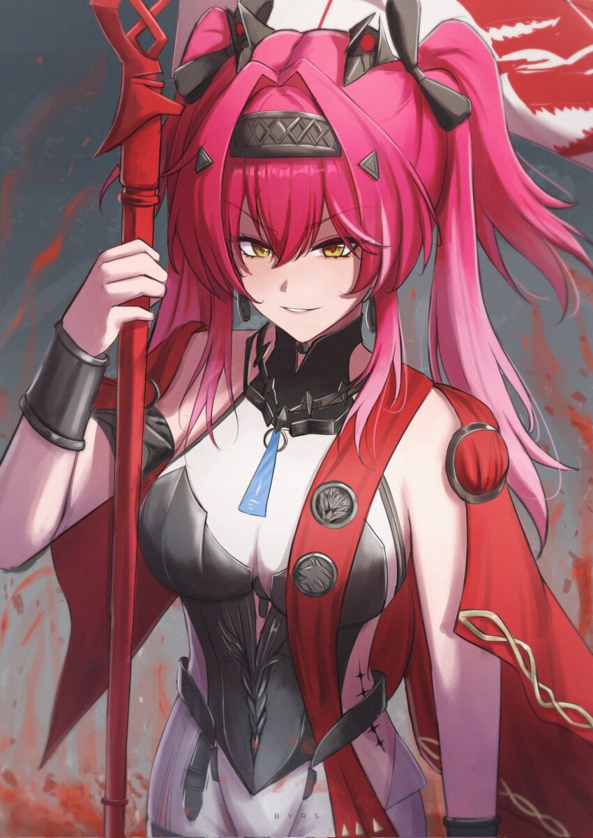 1girl armlet armor bare_shoulders bayris black_bow bodysuit bow breastplate breasts collar commentary gradient_hair hair_between_eyes hair_bow hair_intakes hair_ornament hairband highres jewelry large_breasts looking_at_viewer lupa_(wuthering_waves) metal_collar metal_hairband multicolored_hair multiple_hair_bows parted_lips pink_hair red_pupils red_sash revision sash smile solo tacet_mark_(wuthering_waves) twintails white_bodysuit wrist_guards wuthering_waves yellow_eyes