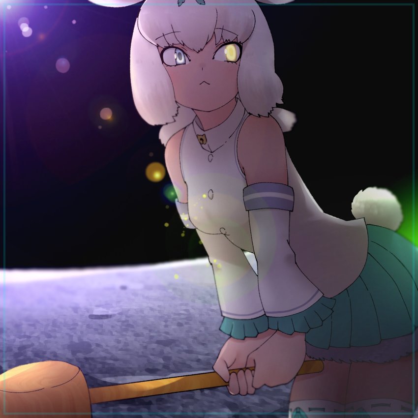 animal_ears bare_shoulders blue_eyes blue_skirt cats_yone detached_sleeves frilled_sleeves frills hammer heterochromia high_collar highres japari_symbol kemono_friends kemono_friends_3 moon pleated_skirt rabbit_ears rabbit_girl rabbit_tail shirt short_hair skirt tail thighhighs tsukuyomi_shinshi_(kemono_friends) white_hair white_shirt white_sleeves white_thighhighs yellow_eyes zettai_ryouiki
