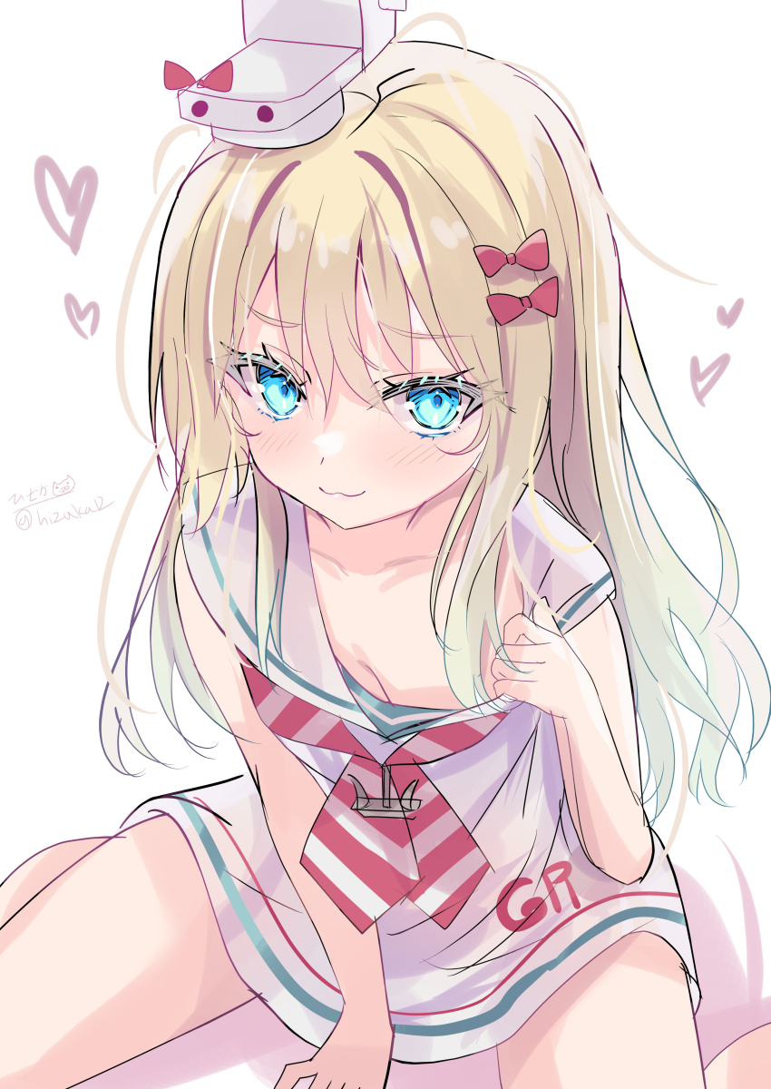 1girl :3 absurdres anchor anchor_necklace aqua_eyes blonde_hair bow collarbone dress grecale_(kancolle) heart highres hizaka jewelry kantai_collection looking_at_viewer low-cut_armhole multicolored_bandeau neckerchief necklace pink_bow sailor_collar side-tie_dress simple_background sleeveless sleeveless_dress striped_neckerchief wavy_hair white_sailor_collar