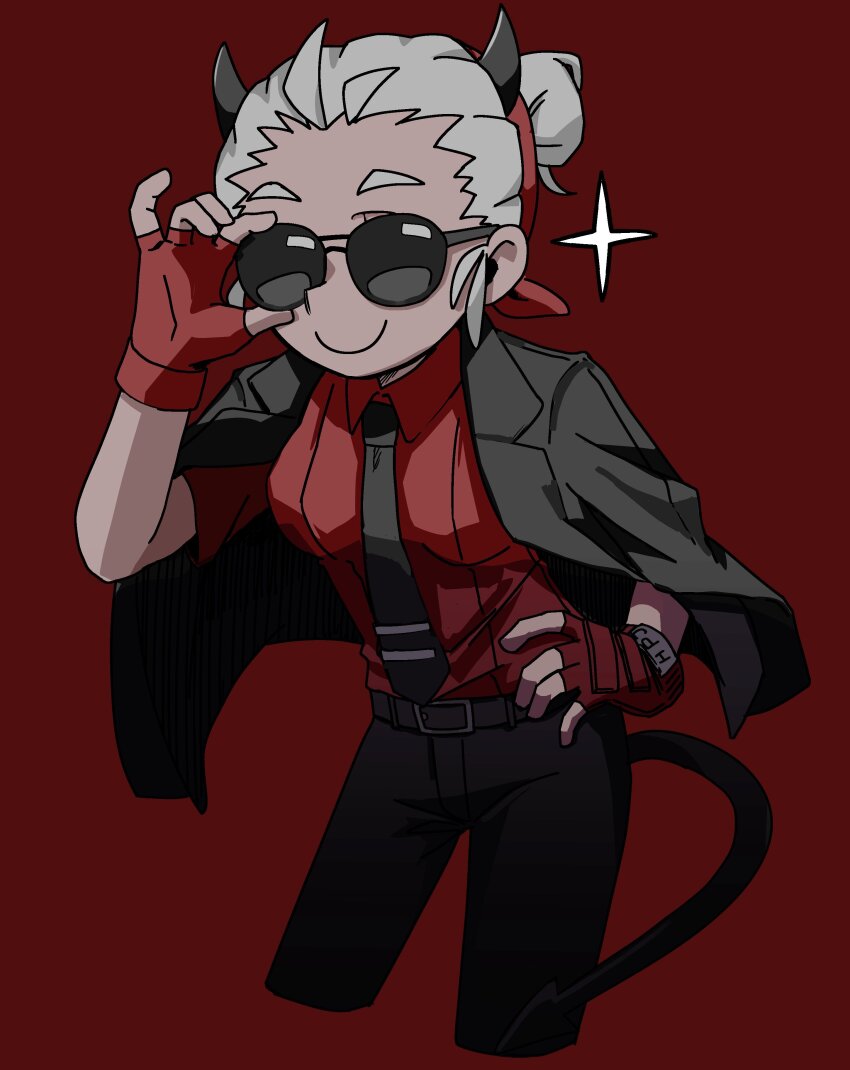 1girl absurdres adjusting_eyewear belt black_belt black_horns black_necktie black_suit black_tail breasts closed_mouth commentary cropped_legs demon_girl demon_horns demon_tail dress_shirt english_commentary fingerless_gloves formal_clothes gloves hair_bun hand_on_own_hip helltaker highres horns jacket jacket_on_shoulders justice_(helltaker) leaning_forward necktie pants red_background red_gloves red_shirt shirt short_hair small_breasts smile solo sparkle suit sunglasses tail tie_clip torotoro_no white_hair