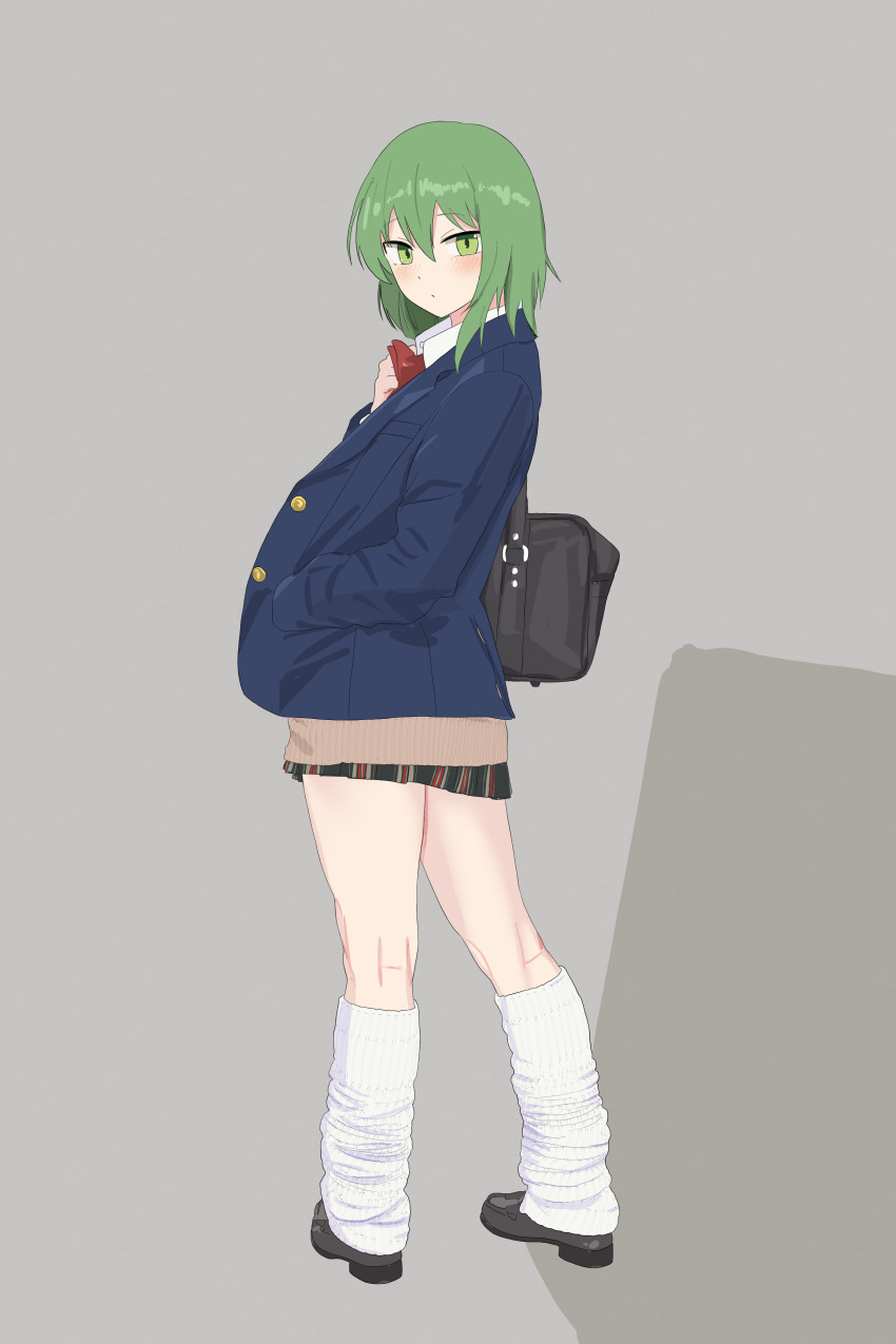1girl absurdres alternate_costume bag black_shoes blazer blue_jacket blush bow bowtie brown_sweater commentary_request contemporary doubutsu_koujou full_body green_eyes green_hair hand_in_pocket highres jacket kneepits loafers looking_at_viewer looking_back loose_socks medium_hair miniskirt red_bow red_bowtie school_bag school_uniform shiki_eiki shoes skirt socks solo sweater touhou white_socks