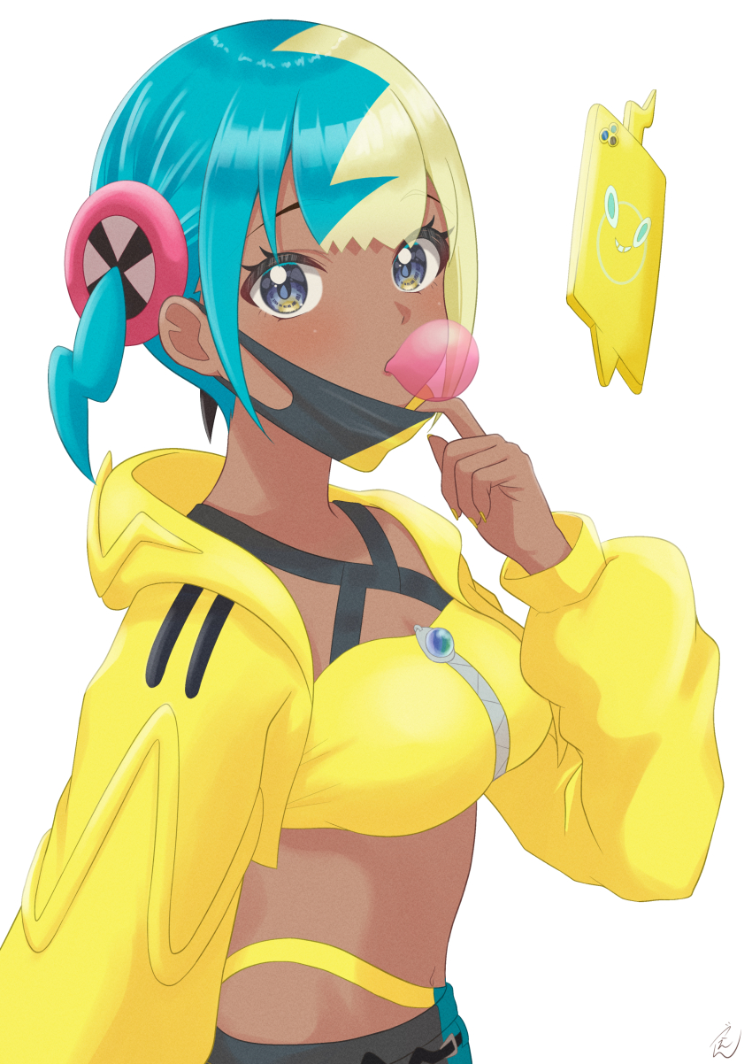 1girl absurdres bandeau blowing_bubble_gum blue_eyes breasts canari_(pokemon) chewing_gum cropped_jacket dark-skinned_female dark_skin eyelashes gen_4_pokemon hand_up highres hood hood_down hooded_jacket inumugi jacket long_sleeves mask mask_pull medium_breasts mouth_mask multicolored_hair nintendo open_clothes open_jacket pokemon pokemon_legends:_z-a rotom rotom_phone short_twintails simple_background twintails white_background yellow_bandeau yellow_jacket zipper zipper_pull_tab