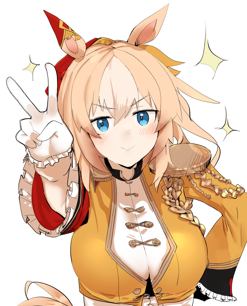 1girl absurdres animal_ears asymmetrical_sleeves beefjk blonde_hair blue_eyes bodysuit buttons closed_mouth commentary_request double-breasted durandal_(umamusume) ear_covers epaulettes frilled_bodysuit hair_between_eyes hand_on_own_hip highres horse_ears horse_girl horse_tail long_hair long_sleeves looking_at_viewer mismatched_sleeves multicolored_hair simple_background single_ear_cover smile solo tail two-tone_hair umamusume upper_body v white_background white_bodysuit white_hair