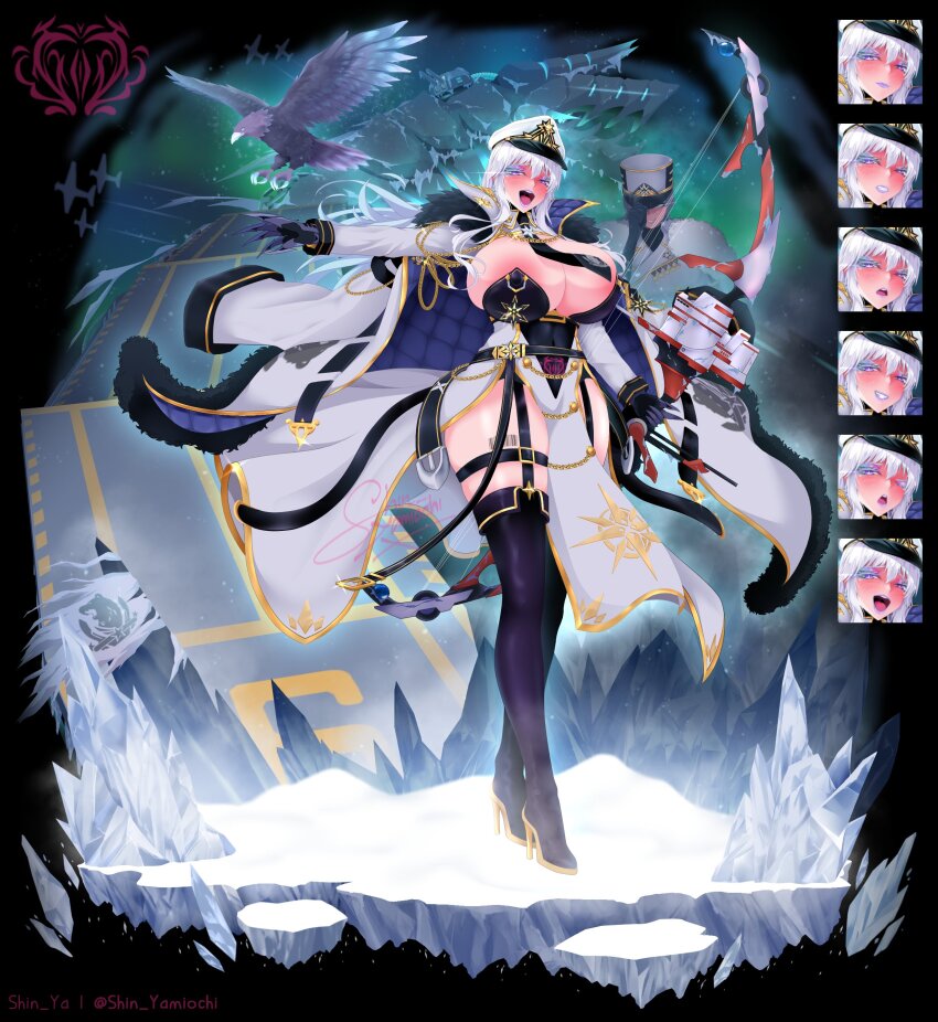2girls absurdres alternate_costume angry areola_slip azur_lane barcode bird blush boots breasts claws cleavage corruption eagle emblem enterprise_(azur_lane) fur_trim glacier gloves hair_between_eyes hat highres huge_breasts ice insignia jacket jacket_on_shoulders knee_boots lipstick long_hair looking_at_viewer makeup military military_hat military_uniform multiple_girls netorare night night_sky northern_parliament_(emblem) profile pubic_tattoo purple_eyes reference_sheet shin_yamiochi sky smile snow tattoo thick_thighs thighhighs thighs valentina_(nuclear-il2) white_hair wide_hips