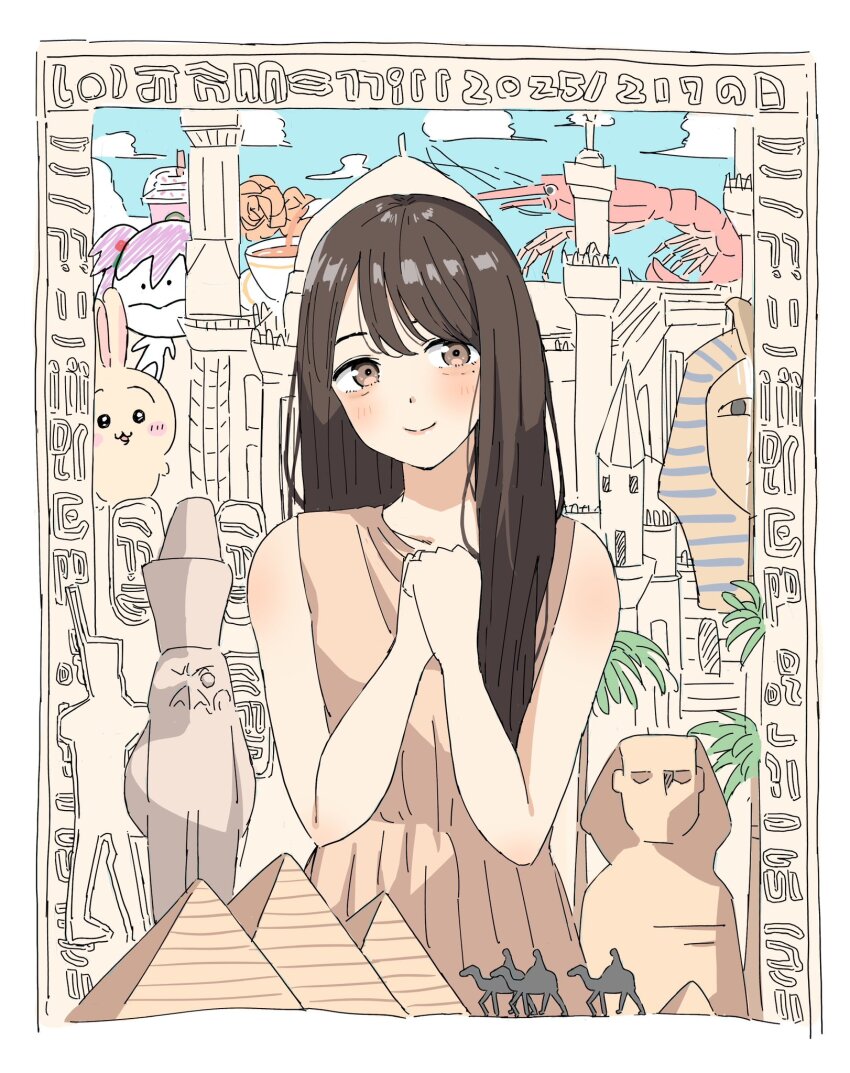 ._. 1girl animification bien_(djpwjd1) blue_sky blush border brown_dress brown_eyes brown_hair camel child&#039;s_drawing closed_mouth cloud commentary_request dated day doodle_inset dress egypt hanamiya_nina hanamiya_nina_(style) highres link!_like!_love_live! long_hair love_live! otomune_kozue own_hands_together palm_tree purple_hair pyramid_(structure) rabbit real_life shrimp side_ponytail sky sleeveless sleeveless_dress smile solo sphynx_cat split_mouth tree virtual_youtuber voice_actor voice_actor_connection w_arms white_border