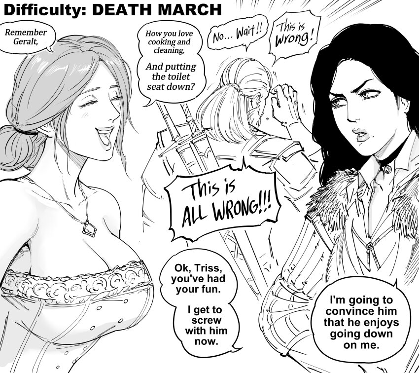 1boy 2girls absurdres bb_(baalbuddy) breasts cleavage english_text geralt_of_rivia greyscale hand_on_another&#039;s_shoulder highres looking_at_viewer medium_breasts monochrome multiple_girls scar scar_across_eye scar_on_face sheath sheathed speech_bubble sword the_witcher_(series) the_witcher_3 triss_merigold weapon yennefer_of_vengerberg