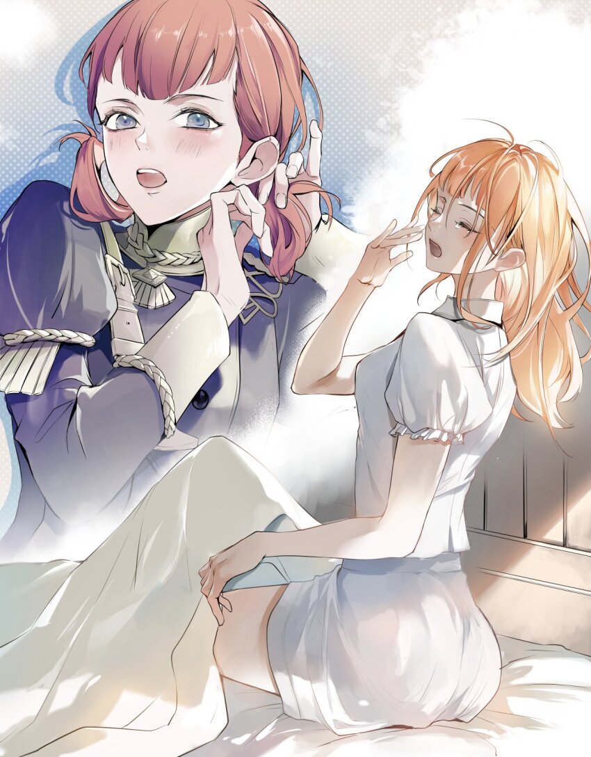 1girl annette_fantine_dominic bed blanket blue_eyes blush breasts closed_eyes fire_emblem fire_emblem:_three_houses garreg_mach_monastery_uniform highres long_hair long_sleeves nintendo open_mouth orange_hair pajamas puffy_short_sleeves puffy_sleeves sharp_teeth shirt short_sleeves shorts teeth tying_hair white_shirt white_shorts yawning zat_296