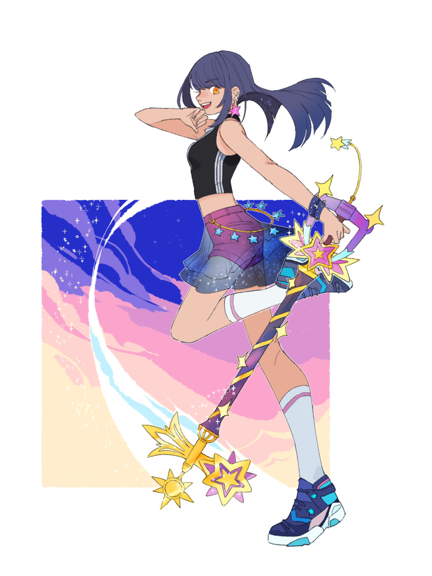 1girl blue_hair boybun crop_top earrings highres jewelry keyblade kingdom_hearts kneehighs looking_at_viewer open_mouth orange_eyes see-through_clothes see-through_skirt shoes shorts simple_background skirt skuld_(kingdom_hearts) smile socks solo