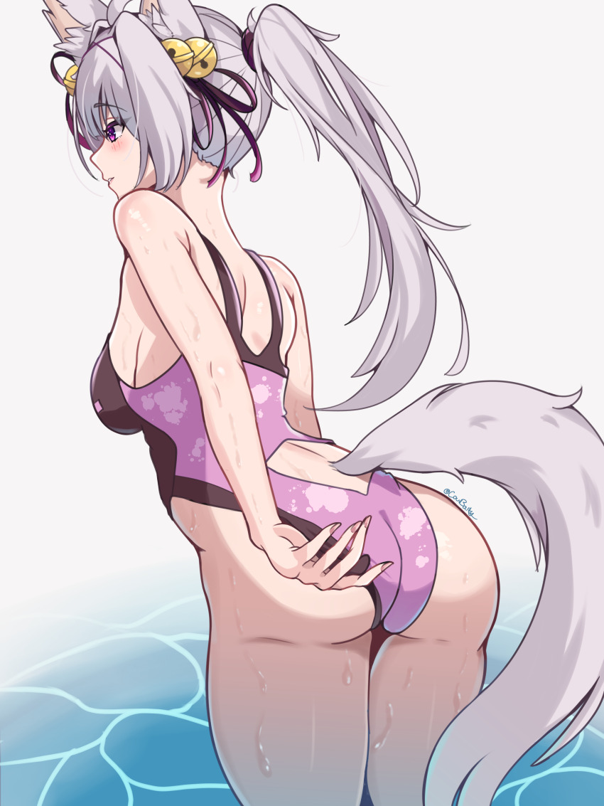 absurdres animal_ears artist_name ass back bell breasts clothes_pull coubalty filian_(vtuber) fox_ears fox_girl fox_tail from_behind hair_bell hair_ornament highres indie_virtual_youtuber medium_breasts one-piece_swimsuit ponytail purple_eyes swimsuit tail thighs two-tone_swimsuit virtual_youtuber water wedgie white_hair