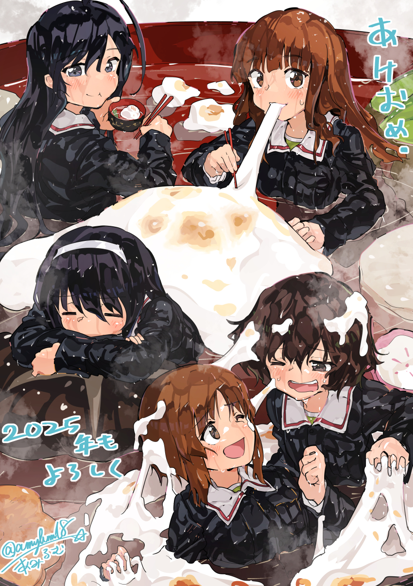 2025 5girls :t absurdres akeome akiyama_yukari amylum artist_name black_eyes black_hair blue_jacket brown_eyes brown_hair chopsticks closed_eyes commentary_request crossed_arms eating girls_und_panzer hairband happy_new_year highres holding holding_chopsticks isuzu_hana jacket long_hair long_sleeves looking_at_another looking_at_viewer multiple_girls new_year nishizumi_miho one_eye_closed ooarai_military_uniform open_mouth oversized_food oversized_object partial_commentary reizei_mako short_hair signature sleeping smile sticky takebe_saori translated twitter_username wading wet white_hairband zouni_soup