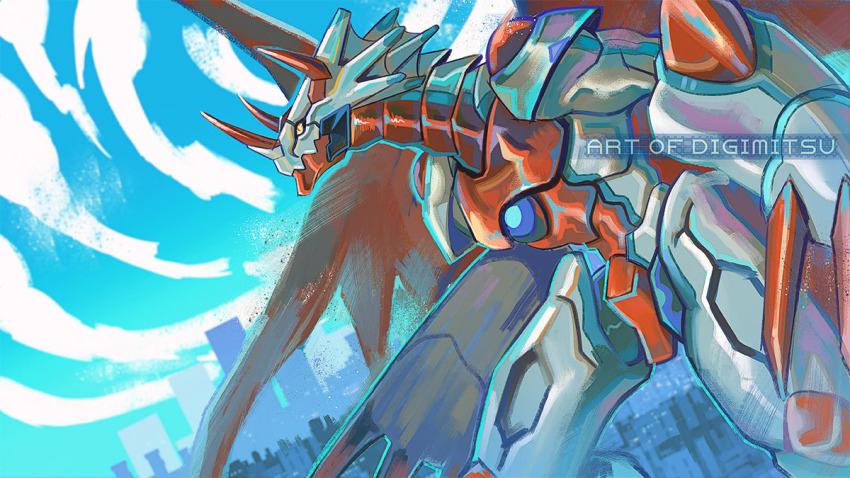 artist_name blurry blurry_background canoweissmon chest_jewel cowboy_shot digimitsuart digimon digimon_(creature) digimon_ghost_game dragon from_side horns profile red_scales solo white_scales yellow_eyes