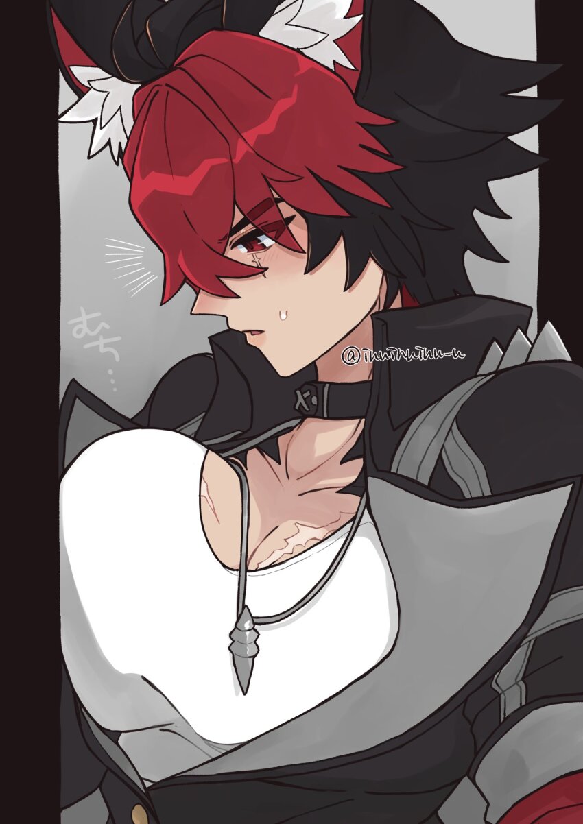 1boy animal_ears bara black_choker black_jacket blush choker dog_boy ear_piercing highres jacket jewelry komano_manato large_pectorals male_focus multicolored_hair muscular muscular_male necklace pectorals piercing red_eyes scar scar_on_face shirt short_hair sweatdrop white_shirt zenless_zone_zero