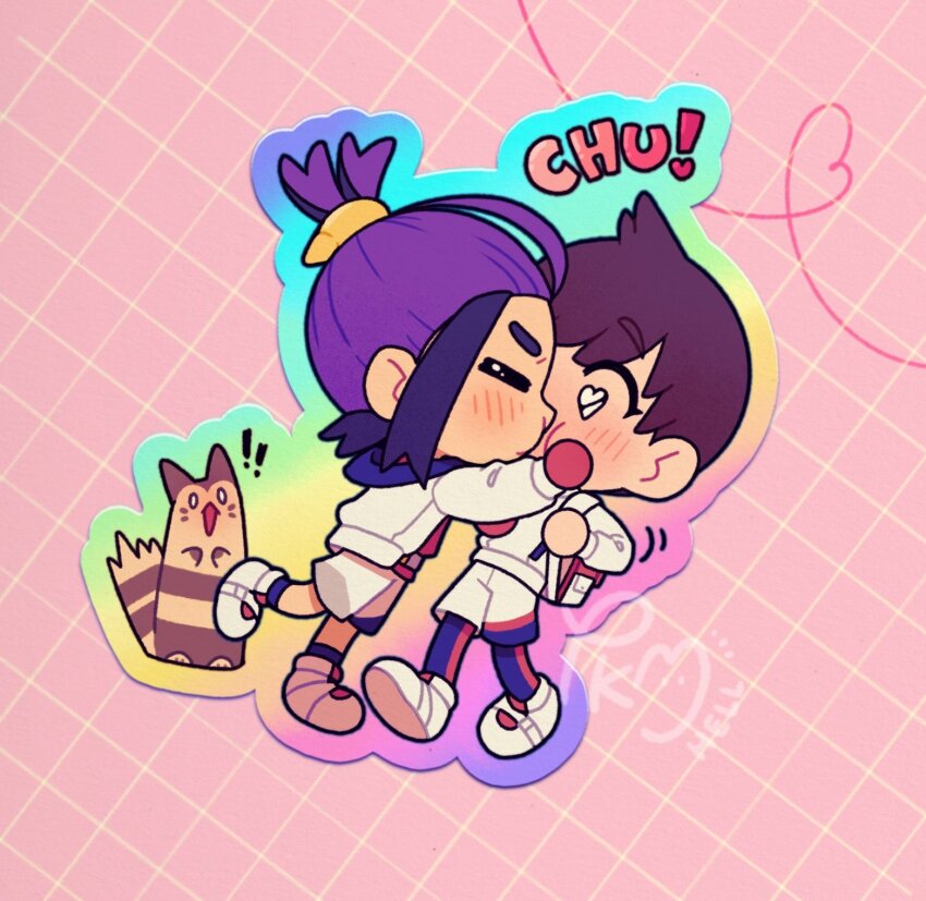 ! !! 2boys backpack bag black_hair blue_socks blush brown_hair chibi closed_eyes commentary florian_(pokemon) furret gen_2_pokemon gloves heart heart-shaped_eyes highres holding_strap jacket kieran_(pokemon) kiss leg_up male_focus multicolored_hair multiple_boys nintendo pink_background pokemon pokemon_(creature) pokemon_sv purple_hair shoes short_hair shorts socks submashell surprised two-tone_hair white_footwear white_jacket white_shorts yaoi