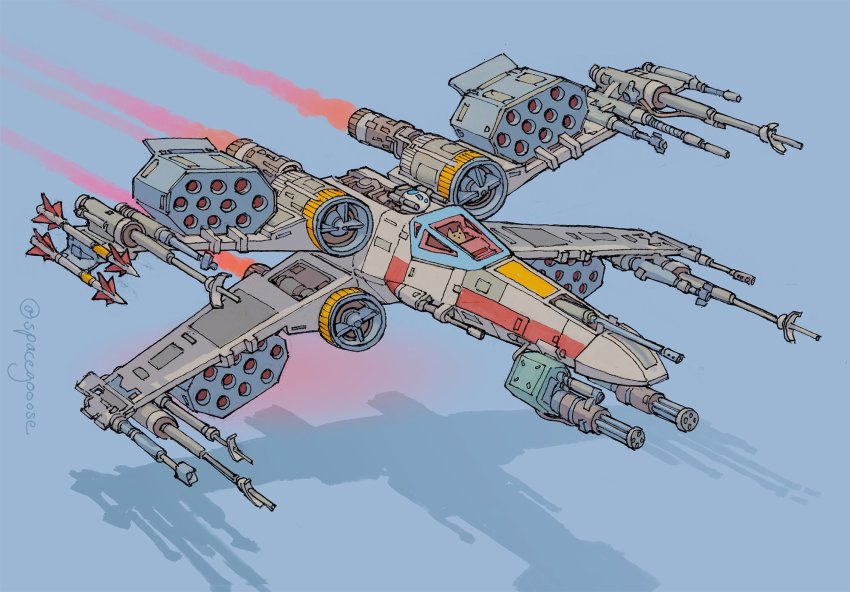 astromech_droid canopy_(aircraft) cat droid gatling_gun greyscale highres minigun missile_pod monochrome pencil redesign science_fiction space_gooose spacecraft star_wars starfighter t-65_x-wing vehicle_focus x-wing