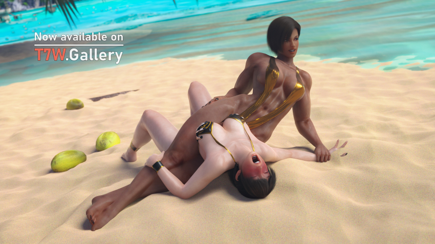 2girls 3d absurdres beach bikini black_nail_polish black_nails breasts brown_hair dark-skinned_female dark_skin dead_or_alive feet hand_on_thigh highres large_breasts leg_lock legs lei_fang lisa_hamilton multiple_girls muscular muscular_female nao_(pixiv_5120470) ocean restrained sand short_hair side_boobs slingshot_swimsuit swimsuit team_ninja tecmo tekken7wallpapers thighs trapped bikini water watercraft wrestling
