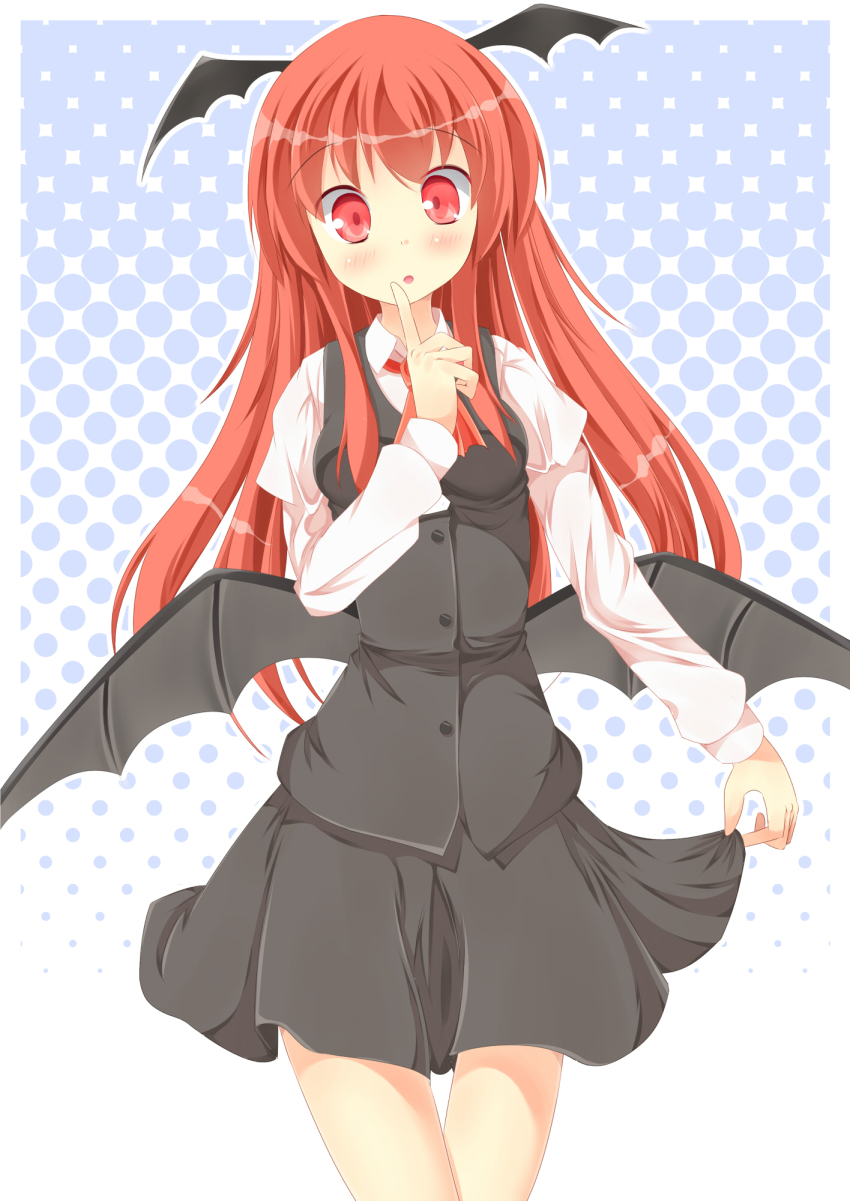 1girl ascot bat_wings black_skirt black_vest blue_background blush breasts collared_shirt commentary_request cookie_(touhou) cowboy_shot demon_girl demon_wings finger_to_mouth head_wings highres koakuma long_hair long_sleeves looking_at_viewer medium_breasts open_mouth red_ascot red_eyes red_hair shirt skirt solo szk touhou vest white_shirt wings yuzuyu_(cookie)