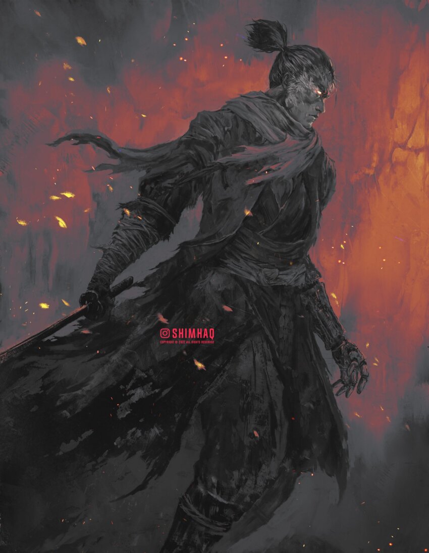 1boy 2022 black_hair brown_kimono closed_mouth copyright_notice dated embers glowing glowing_eyes grey_scarf hakama hakama_pants highres holding holding_sword holding_weapon instagram_logo instagram_username japanese_clothes katana kimono mechanical_arms medium_hair ninja pants pleated_pants prosthesis prosthetic_arm red_eyes scarf sekiro:_shadows_die_twice shimhaq shura_(sekiro) single_mechanical_arm solo sword topknot torn_clothes torn_coat weapon