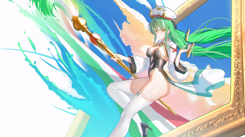 1girl absurdres azur_lane black_leotard black_shoes breasts cross-shaped_pupils from_side giant_brush green_hair hat horned_hat high_heels highres holding holding_brush leotard long_hair looking_at_viewer low_twintails medium_breasts paintbrush raffaello_(azur_lane) shoes shrug_(clothing) solo symbol-shaped_pupils thighhighs thunder-35 twintails very_long_hair white_hat white_shrug white_thighhighs x_x yellow_eyes
