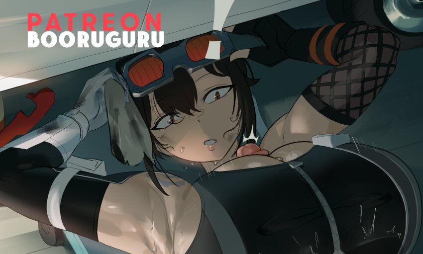 ! 1boy 1girl absurdres alternate_breast_size_(larger) arm_pouch armpits arms_up artist_name bare_shoulders black_gloves black_hair black_sports_bra booruguru breasts car cleaning_rag commentary double-parted_bangs elbow_gloves english_commentary fishnet_gloves fishnets gloves goggles goggles_on_head grace_howard grease_(mechanical) hair_between_eyes hetero highres huge_breasts looking_at_penis lying motor_vehicle on_back paid_reward_available paizuri parted_lips patreon_username penis red_eyes short_hair solo_focus sports_bra surprised sweat zenless_zone_zero zipper_top