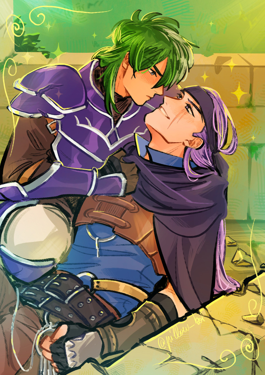 2boys armor bandana belt blush cape catching clothes_grab eye_contact fallen_down fire_emblem fire_emblem:_the_blazing_blade green_hair heath_(fire_emblem) highres holding holding_key imminent_kiss key legault_(fire_emblem) light_rays long_hair looking_at_another male_focus mullet multiple_boys nintendo polochon purple_eyes purple_hair ruins scar scar_across_eye scar_on_face smug yaoi