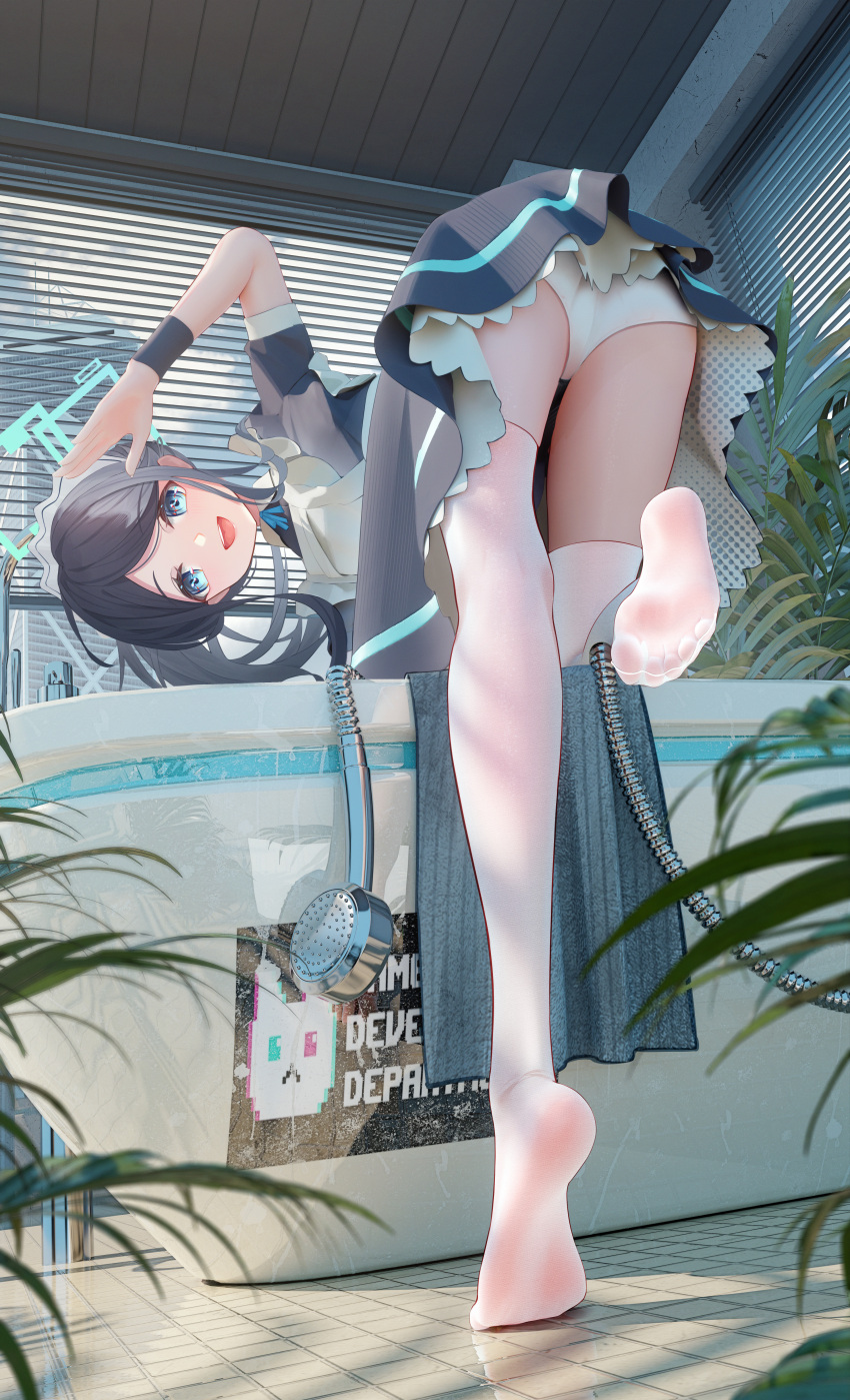 1girl absurdres apron aris_(blue_archive) ass black_hairband blue_archive blue_eyes blue_hair blue_halo commentary dark_blue_hair full_body green_halo hairband halo highres long_hair looking_at_viewer maid maid_apron maid_headdress mr_ito no_shoes open_mouth panties shower_head soles thighhighs underwear very_long_hair white_panties white_thighhighs