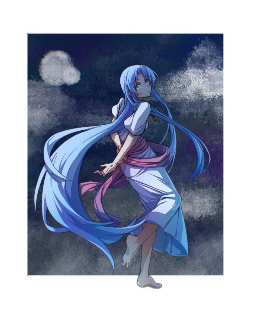 1girl ancient_ys_vanished arkibk barefoot blue_eyes blue_hair border closed_mouth commentary feena_(ys) feet highres jewelry long_hair long_skirt looking_back necklace outside_border shirt skirt soles solo standing standing_on_one_leg toes very_long_hair white_border white_shirt white_skirt ys
