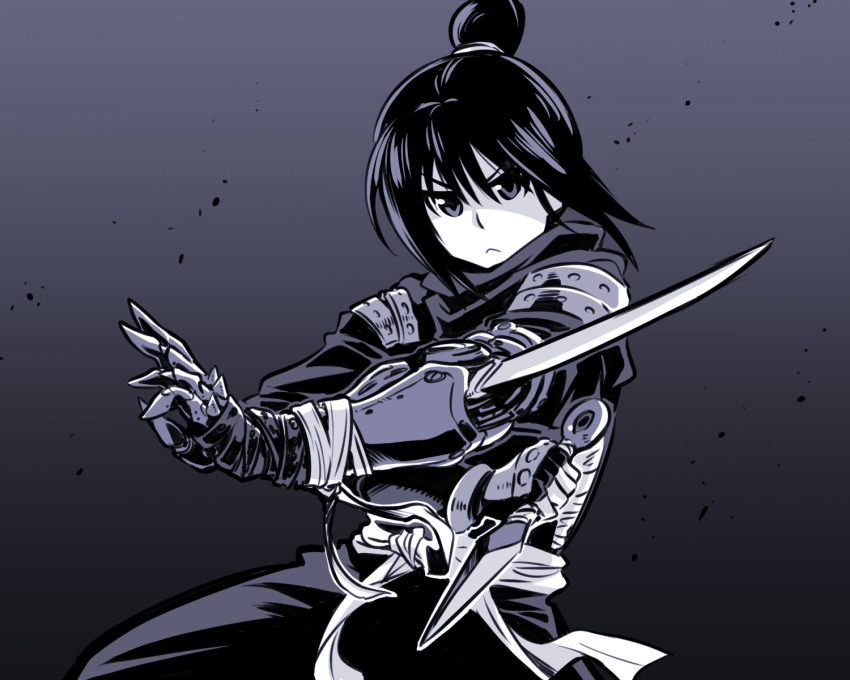 1girl :&lt; bandaged_arm bandages cowboy_shot elbow_blade female_focus fighting_stance fullmetal_alchemist hair_between_eyes hair_bun highres kato_takuji kunai lan_fan looking_at_viewer mechanical_arms monochrome reverse_grip single_hair_bun single_mechanical_arm solo weapon