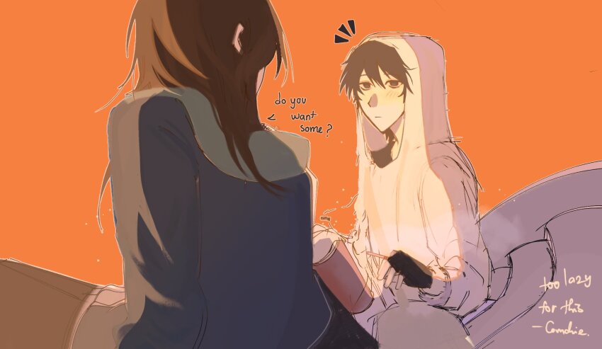 1boy 1girl ^^^ black_eyes black_gloves black_hair black_shirt brown_hair can cigarette cry_of_fear drink_can english_text fingerless_gloves giving gloves grey_hoodie grey_jacket hetero highres holding holding_cigarette hood hood_up hoodie jacket konicomchiee light_blush looking_at_another medium_hair orange_background orange_light shirt short_hair simon_henriksson soda_can sophie_(cry_of_fear)