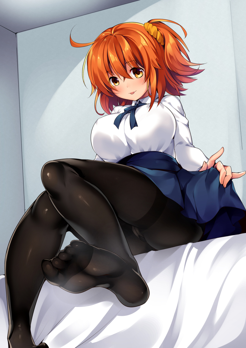 1girl :p ahoge black_pantyhose blue_bow blue_bowtie blue_skirt bow bowtie breasts brown_hair fate/grand_order fate_(series) fujimaru_ritsuka_(female) fujimaru_ritsuka_(female)_(anniversary_blonde) hair_ornament hair_scrunchie highres large_breasts looking_at_viewer pantyhose ruri_rarako scrunchie short_hair side_ponytail sitting skirt skirt_hold smile solo thighband_pantyhose toes tongue tongue_out yellow_eyes yellow_scrunchie