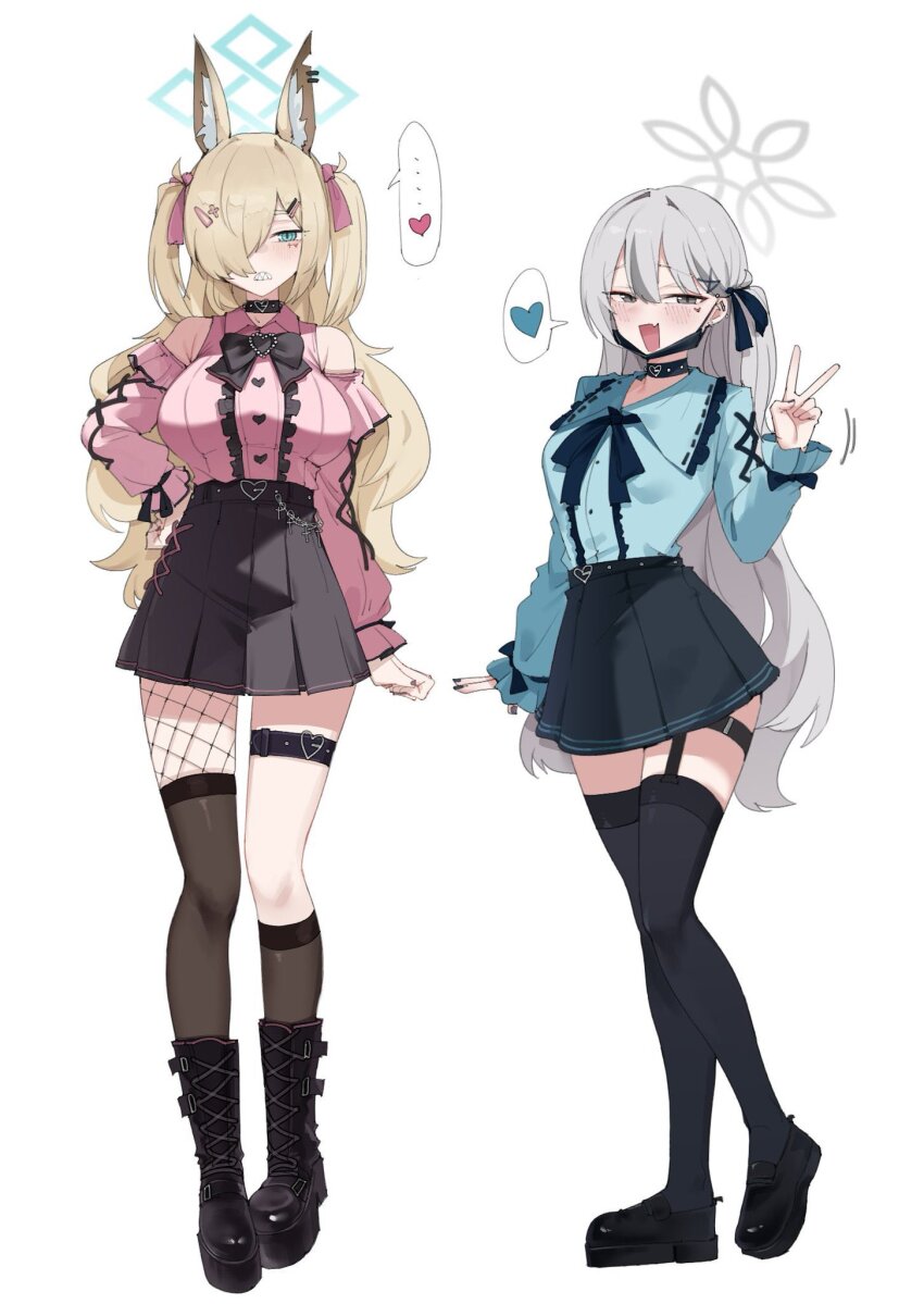 2girls alternate_costume animal_ears aqua_eyes aqua_halo aqua_shirt asymmetrical_legwear black_boots black_bow black_bowtie black_choker black_mask black_shoes black_skirt black_thighhighs blonde_hair blue_archive blush boots bow bowtie brown_thighhighs center_frills choker detached_sleeves dog_ears dog_girl facial_mark fang fishnet_pantyhose fishnets frills full_body grey_eyes grey_hair grey_halo gurenola hair_ornament hair_over_one_eye halo hand_on_own_hip heart heart_facial_mark high-waist_skirt highres jirai_kei kanna_(blue_archive) kneehighs konoka_(blue_archive) lace-up_boots long_hair long_sleeves looking_at_viewer mark_under_eye mask mask_pull miniskirt mismatched_legwear mouth_mask multiple_girls one_eye_covered open_mouth pantyhose pink_shirt pink_sleeves pleated_skirt sharp_teeth shirt shoes simple_background skin_fang skirt sleeveless sleeveless_shirt socks spoken_heart teeth thigh_strap thighhighs two_side_up uneven_legwear v very_long_hair white_background x_hair_ornament