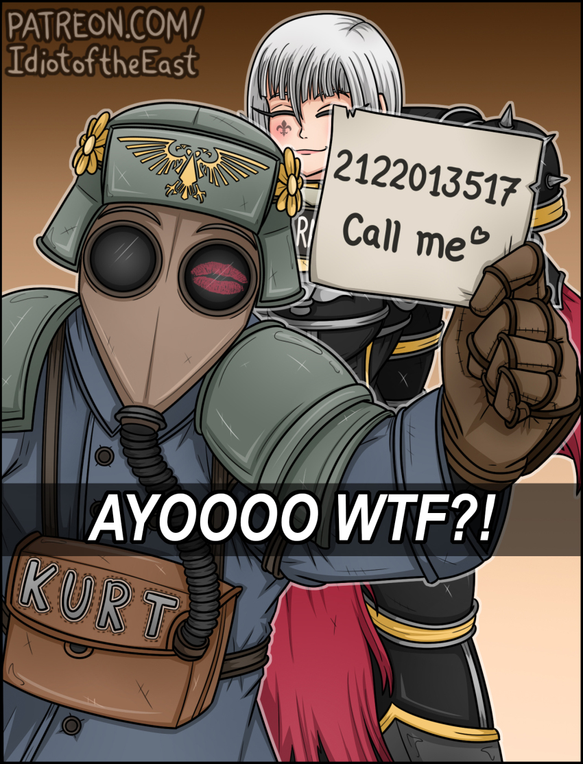 1boy 1girl adepta_sororitas armor artist_name astra_militarum closed_eyes death_korps_of_krieg english_text facial_tattoo flower flower_wreath gas_mask gloves head_wreath helmet highres idiot_of_the_east lipstick_mark loincloth mask military_uniform pauldrons phone_number short_hair shoulder_armor smile snapchat tattoo warhammer_40k white_hair