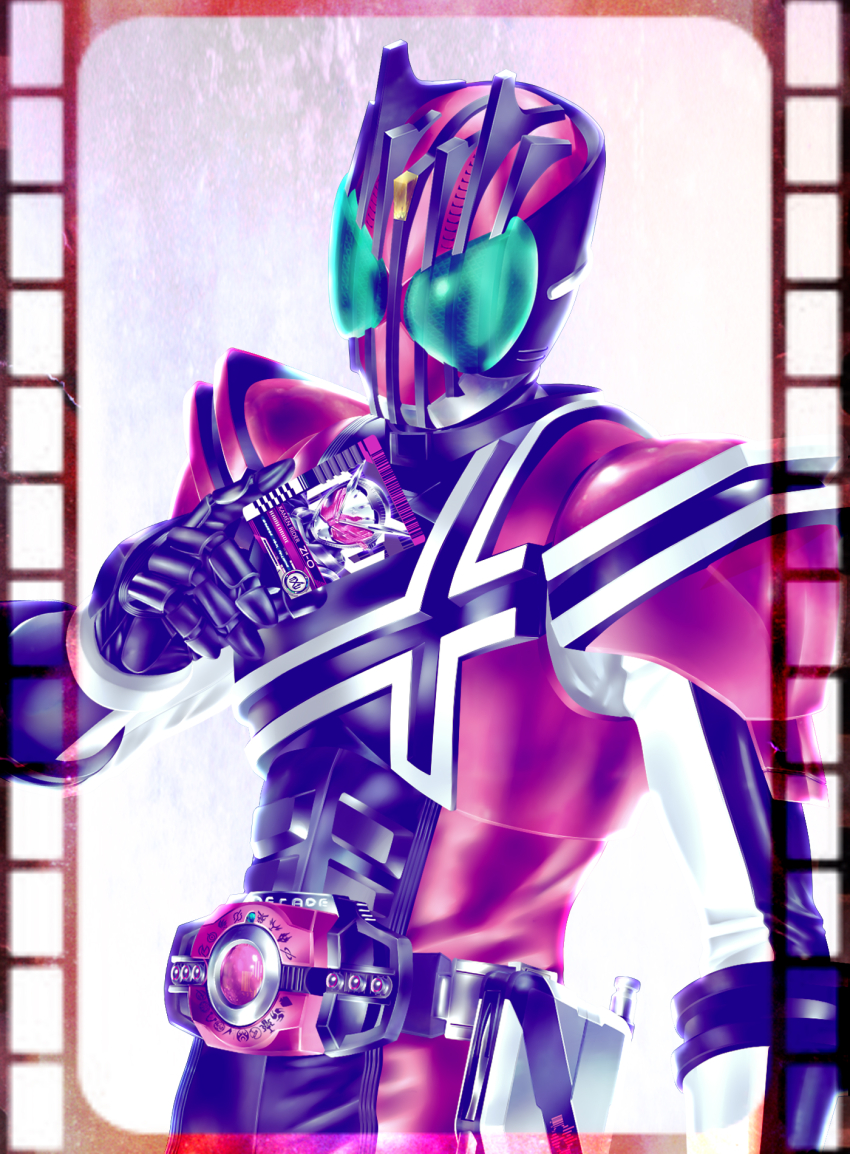 1boy armor belt bodysuit card compound_eyes cowboy_shot decadriver green_eyes helmet highres holding holding_card kamen_rider kamen_rider_dcd kamen_rider_decade kamen_rider_zi-o kamen_rider_zi-o_(series) kuzurx male_focus multiple_boys multiple_girls pink_armor rider_card solo tokusatsu weapon