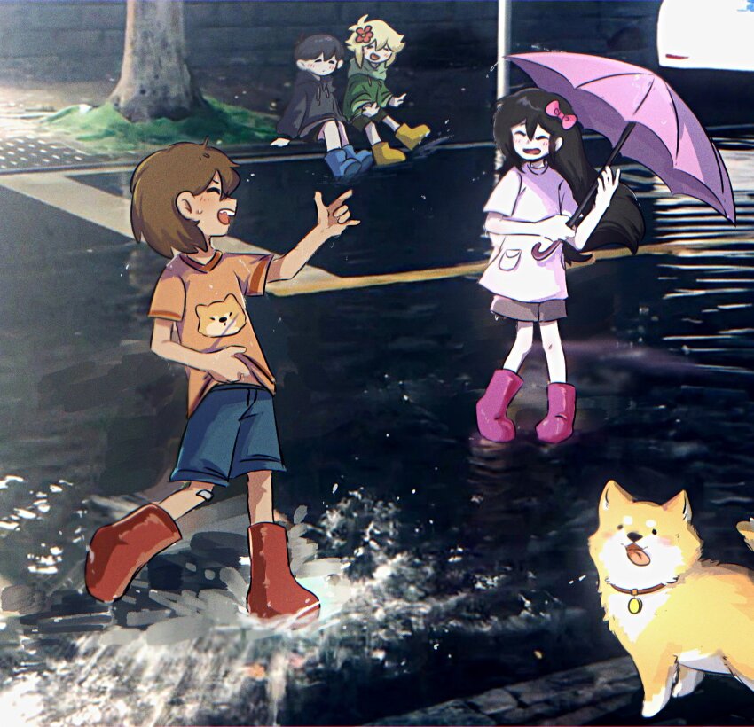 1girl 3boys aged_down aubrey_(faraway)_(omori) aubrey_(omori) bandaid bandaid_on_knee bandaid_on_leg basil_(faraway)_(omori) basil_(omori) black_hair black_hoodie black_shorts blue_footwear blue_shorts boots bow brown_footwear commentary dog flower green_hoodie hair_bow hair_flower hair_ornament hector_(omori) highres holding holding_umbrella hood hoodie kel_(faraway)_(omori) kel_(omori) long_hair multiple_boys ni12345670 omori open_mouth photo_background pink_boots pink_bow pink_shirt puddle rubber_boots shirt shorts sitting smile sunny_(omori) tree umbrella yellow_boots