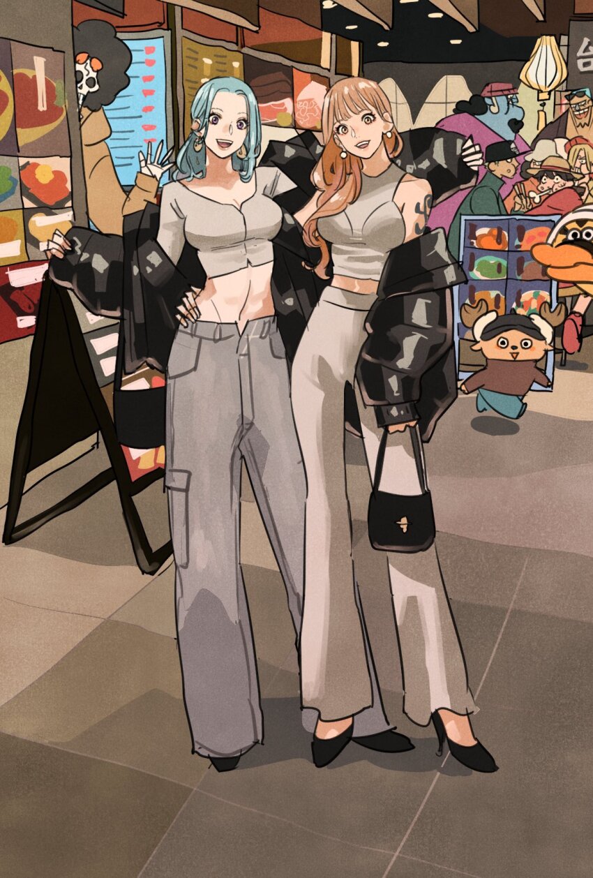 2girls 6+boys afro antlers arm_tattoo bag bird blue_hair brook_(one_piece) commentary crop_top duck earrings elbow_carry facial_hair franky_(one_piece) full_body goatee hand_on_another&#039;s_hip hat high-waist_pants highres holding holding_bag horns jewelry jinbe_(one_piece) karoo_(one_piece) light_blue_hair looking_at_viewer monkey_d._luffy multiple_boys multiple_girls nami_(one_piece) nefertari_vivi one_piece orange_hair pants pearl_earrings reindeer_antlers roronoa_zoro sanji_(one_piece) skeleton smile takeuchi_ryousuke tattoo tony_tony_chopper usopp waving