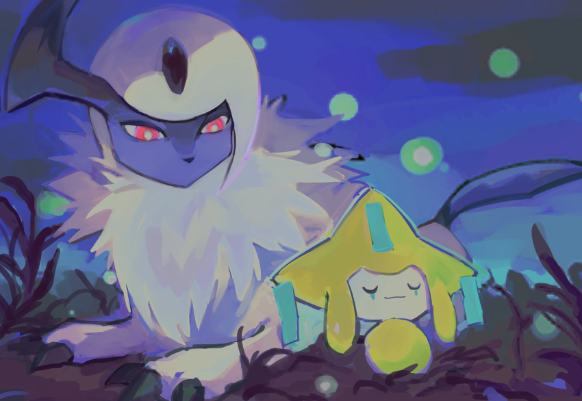 absol claws closed_eyes gen_3_pokemon highres horns jirachi legendary_pokemon lying maumaujanken mythical_pokemon nintendo no_humans pokemon pokemon_(creature) red_eyes single_horn sleeping smile white_hair