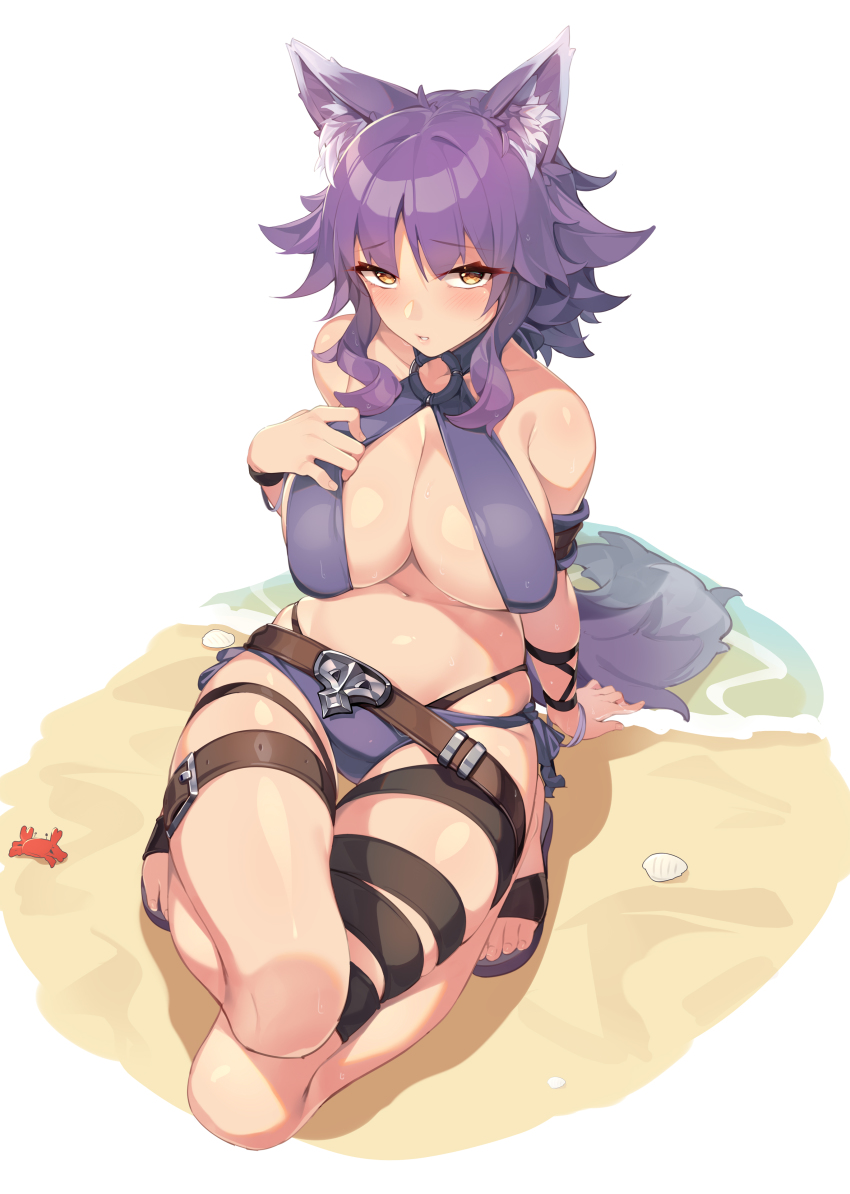 1girl absurdres animal_ear_fluff animal_ears arm_strap belt bikini blush breasts halterneck highres large_breasts looking_at_viewer makoto_(princess_connect!) makoto_(summer)_(princess_connect!) medium_hair navel princess_connect! purple_bikini purple_hair sgt-jz sidelocks solo swimsuit tail thigh_belt thigh_strap thighs wolf_ears wolf_girl wolf_tail yellow_eyes