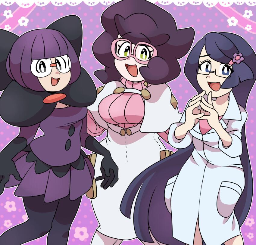 3girls absurdres big_hair black_gloves black_pantyhose blunt_bangs bob_cut bow breasts buttons capelet cleavage elbow_gloves fennel_(pokemon) fire flower flower_on_head glasses gloves green_eyes hair_ornament hairclip high-waist_skirt highres lab_coat large_bow large_breasts long_hair long_sleeves loveycloud low-cut medium_breasts medium_skirt multiple_girls nintendo open_mouth pantyhose pencil_skirt pink-framed_eyewear pink_sweater pokemon pokemon_bw pokemon_sm purple_eyes purple_fire purple_hair purple_skirt raised_eyebrows ribbed_sweater rimless_eyewear round_eyewear semi-rimless_eyewear shauntal_(pokemon) short_hair short_sleeves skirt sleeves_rolled_up small_breasts smile sweater sweater_guard turtleneck turtleneck_sweater very_long_hair white_capelet white_skirt wicke_(pokemon)