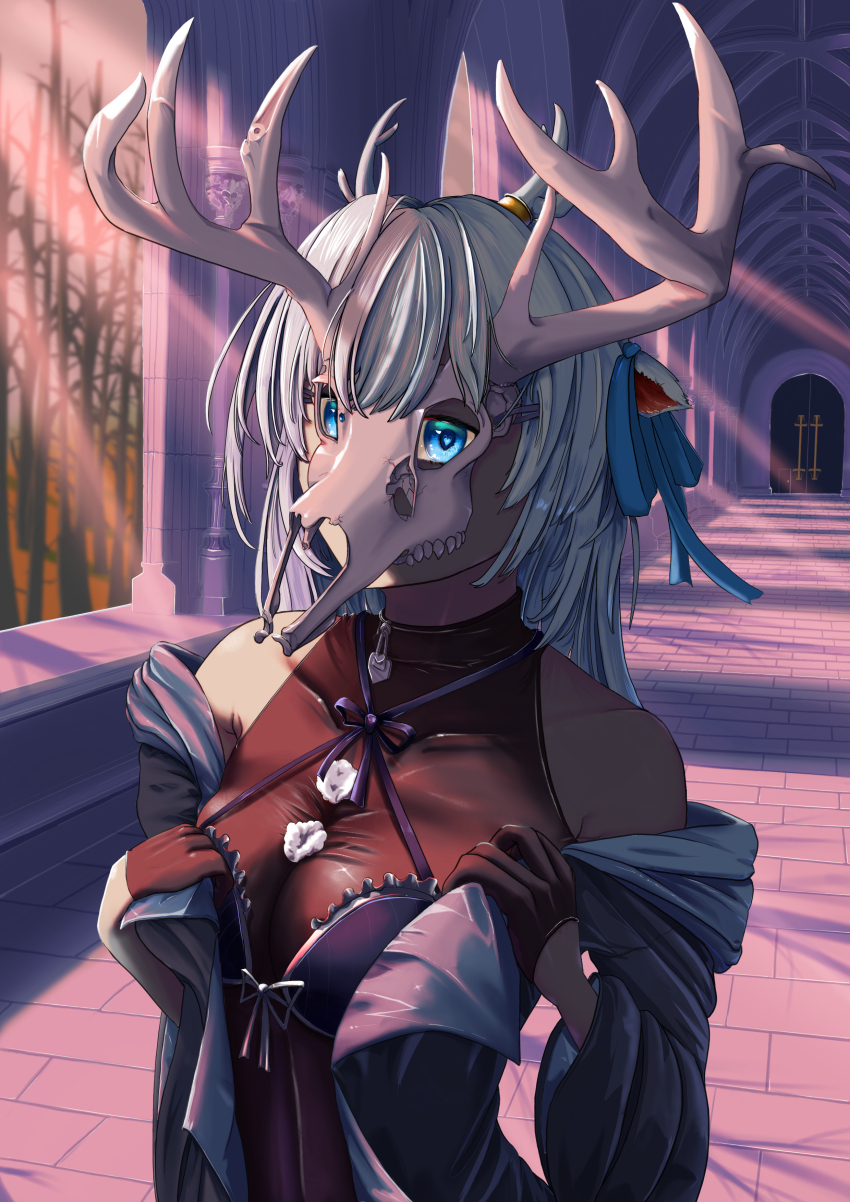 1girl absurdres animal_ears animal_skull antlers bare_shoulders bare_tree black_dress black_gloves blue_eyes blue_ribbon bodystocking brick_floor broken_skull commission covered_collarbone criss-cross_halter deer_antlers deer_ears deer_girl deer_skull door dress gloves grey_hair hair_ribbon hakushika_iori halterneck highres horns jiisokyun long_hair mask off_shoulder phase_connect ribbon skull_mask sleeveless sleeveless_dress solo tree upper_body virtual_youtuber