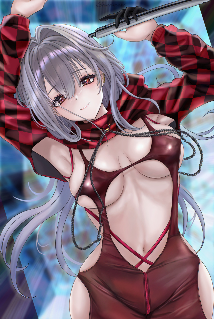 1girl body_chain bodysuit checkered_clothes checkered_shrug clothing_cutout gloves goddess_of_victory:_nikke half_gloves highres latex latex_bodysuit navel official_alternate_costume red_shrug scarlet_(nikke) scarlet_(racer&#039;s_high)_(nikke) shift_up solo stellar_blade sunameri_(pixiv3564245)