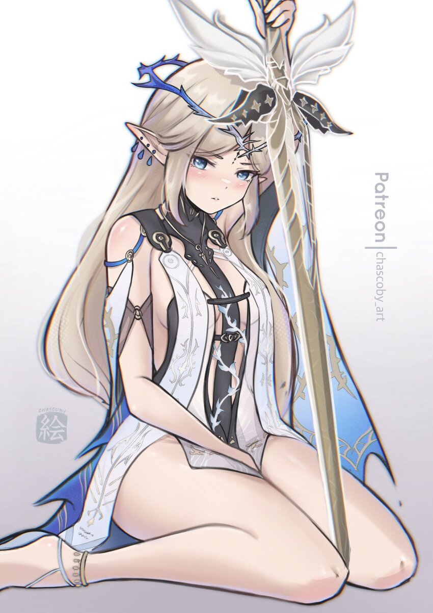 1girl absurdres ankle_strap artist_name blonde_hair blue_eyes blush breasts cartethyia_(wuthering_waves) chascoby closed_mouth crown crown_of_thorns dress elf highres holding holding_sword holding_weapon long_hair medium_breasts patreon_logo patreon_username pointy_ears shoes sideboob signature sitting solo sword thighs very_long_hair wariza weapon white_dress white_shoes wuthering_waves