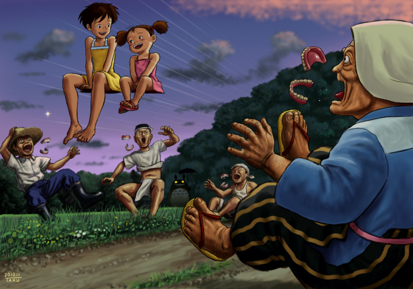 1980s_(style) 3boys 3girls barefoot brown_hair dentures feet hair_bobbles hair_ornament invisible kusakabe_mei kusakabe_satsuki matataku multiple_boys multiple_girls old old_woman oldschool open_mouth retro_artstyle rural short_hair short_twintails siblings signature sisters sitting studio_ghibli surprised tonari_no_totoro totoro twintails