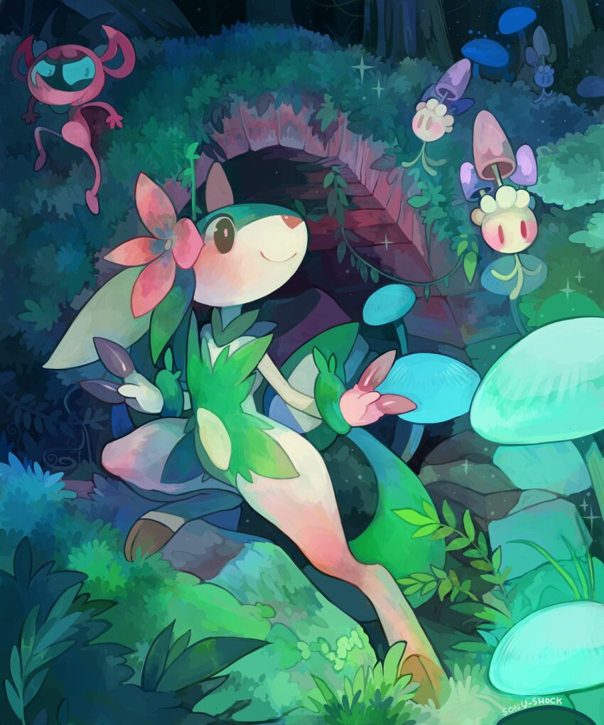 fakemon faunazon forest gen_7_pokemon gen_8_pokemon grass highres impidimp leaf morelull mushroom nature nintendo original outdoors plant pokemon pokemon_(creature) sony-shock