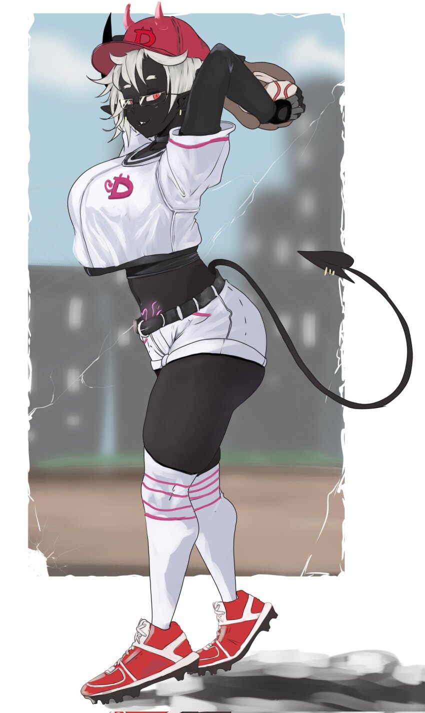1girl arms_up ball baseball_(object) baseball_cap baseball_glove baseball_uniform belt black_belt black_gloves black_horns black_skin blurry blurry_background breasts colored_skin commentary crop_top crop_top_overhang demon_girl demon_horns demon_tail english_commentary expressionless fingerless_gloves full_body glasses gloves hat highres horns large_breasts looking_at_viewer open_mouth orange_eyes original red_hat red_shoes shirt shoes short_hair short_sleeves shorts sneakers socks solo sportswear standing tail weeze white_hair white_shirt white_shorts white_socks