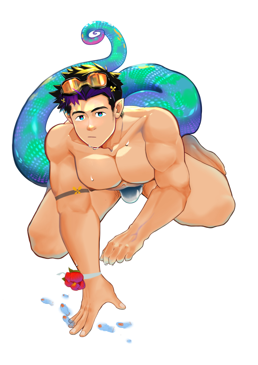 1boy absurdres anaconda_boy arknights bara bracelet bulge character_request check_copyright commentary_request copyright_request english_text facial_hair flower_bracelet full_body goggles goggles_on_head grey_male_swimwear highres long_sideburns looking_at_viewer male_focus male_swimwear modachai_(weibo5622674859) multicolored_hair muscular muscular_male nipples pectoral_squeeze pectorals pink_pupils purple_hair short_hair sideburns sideburns_stubble snake_tail solo streaked_hair stubble swim_briefs tail thick_thighs thighs topless_male wet