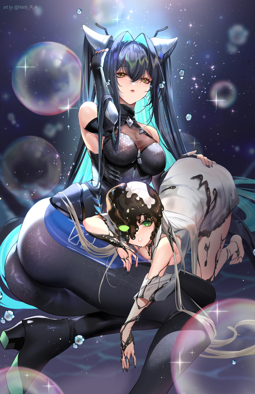 2girls :o absurdly_long_hair artist_name ass bent_over black_bodysuit black_gloves black_hair black_liquid bodysuit breasts bubble cleavage dress elbow_gloves fingerless_gloves gloves goddess_of_victory:_nikke green_eyes green_hair grey_dress hair_intakes hand_on_another&#039;s_ass hanh_chu high_heels highres large_breasts leviathan_(nikke) little_mermaid_(nikke) long_hair multiple_girls see-through_cleavage see-through_clothes twintails very_long_hair yellow_eyes