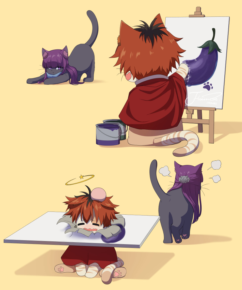 absurdres animalization black_hair bucket cape cat commentary eggplant fern_(sousou_no_frieren) head_bump highres j_humbo long_hair no_humans painting_(action) painting_(object) purple_hair red_cape red_hair simple_background sousou_no_frieren stark_(sousou_no_frieren) symbol-only_commentary yellow_background