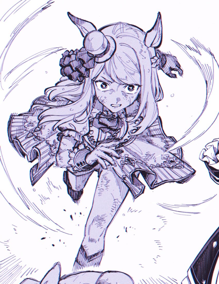 animal_ears commentary_request dress gloves hair_ornament hat highres horse_ears horse_girl long_hair looking_at_viewer matsugi_zuntaro mejiro_mcqueen_(umamusume) parted_hair running skirt sweat umamusume wind